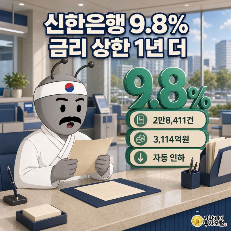 신한은행 창구에서 개미가 대출 서류에 찍힌 9.8% 금리 인하 도장을 보고 놀라며 안도하는 모습