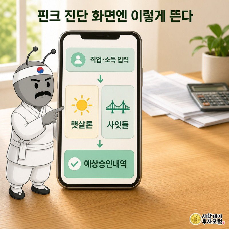 개미가 핀크 앱 화면에서 햇살론과 사잇돌 대출 카드를 손가락으로 비교하는 모습