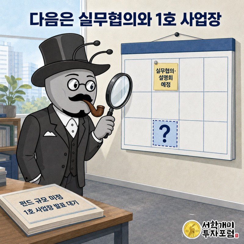 개미가 빈 달력에서 실무협의·설명회 일정을 돋보기로 확인하는 장면