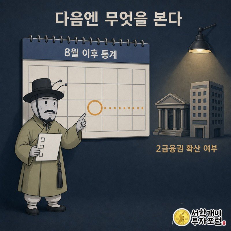8월 이후 가계대출 통계와 2금융권 확산 여부를 확인해야 한다는 점을 달력으로 표현한 이미지