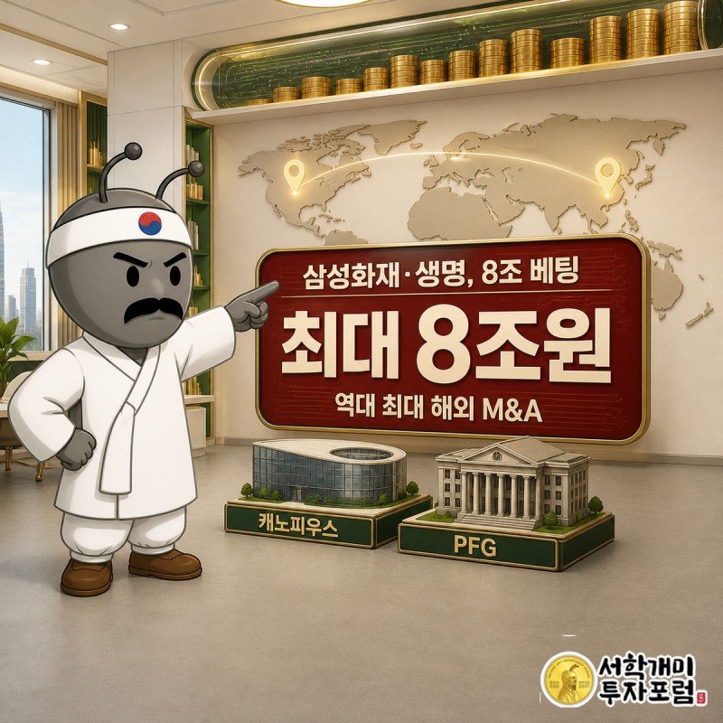 부자개미 캐릭터가 세계지도 앞에서 런던과 미국을 가리키며 8조원 해외 인수를 자신만만하게 소개하는 모습