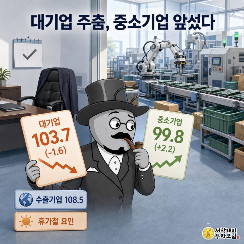 개미 캐릭터가 텅 빈 대기업 임원실과 분주한 중소기업 작업장을 배경으로 대기업 103.7, 중소기업 99.8 수치 카드를 양손에 들고 비교하는 이미지