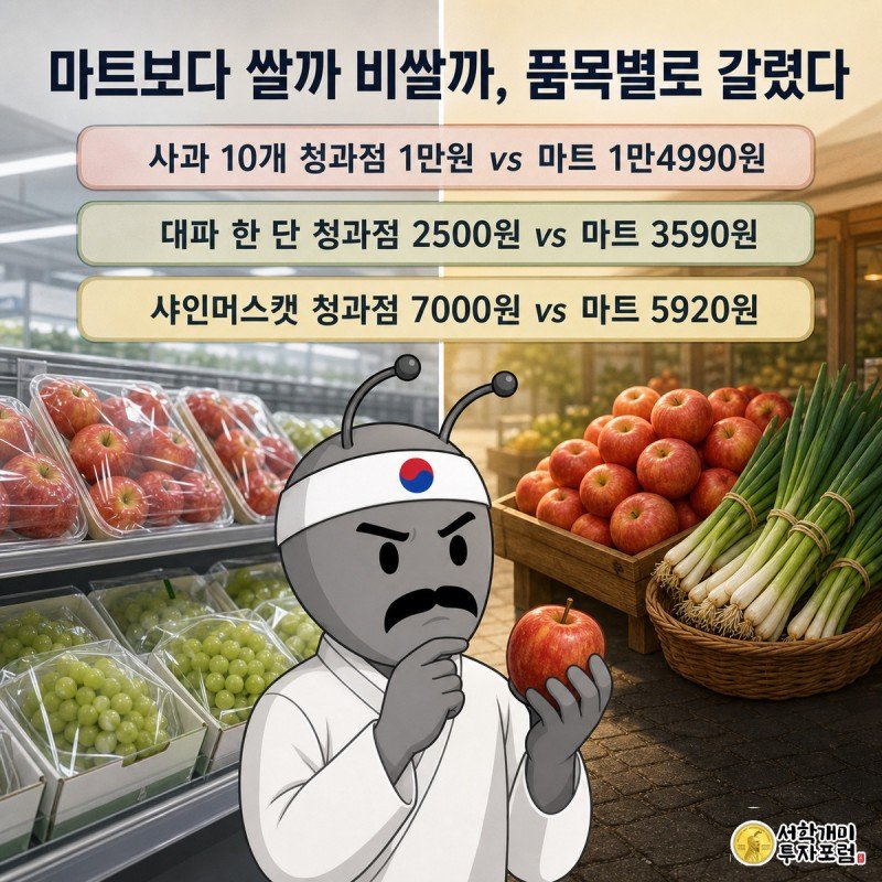 대형마트 진열대와 동네 청과점 좌판을 좌우로 나란히 놓고 사과, 대파, 샤인머스캣 가격표를 비교하며 개미 캐릭터가 고민하는 모습을 그린 정보 일러스트.