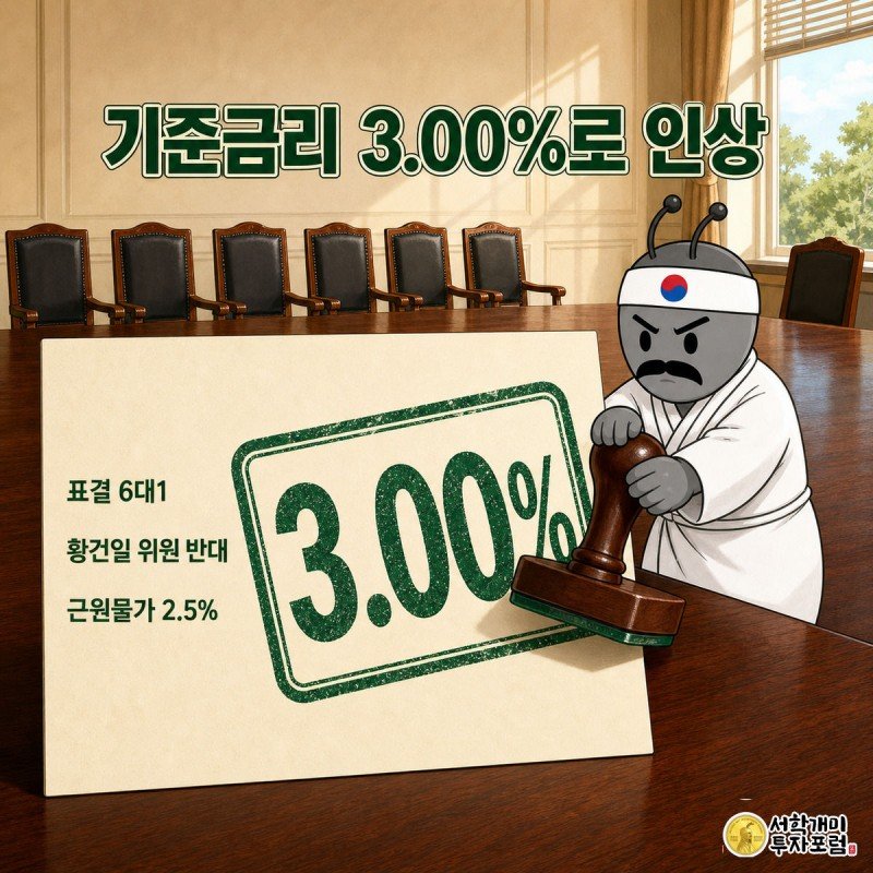 금통위 의결문에 3.00% 도장이 찍히는 순간을 개미가 지켜보는 그림