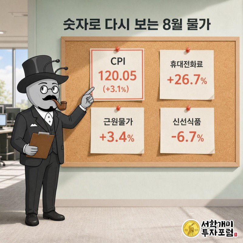 코르크 게시판에 붙은 네 장의 물가 수치 카드를 클립보드로 가리키며 설명하는 서민개미