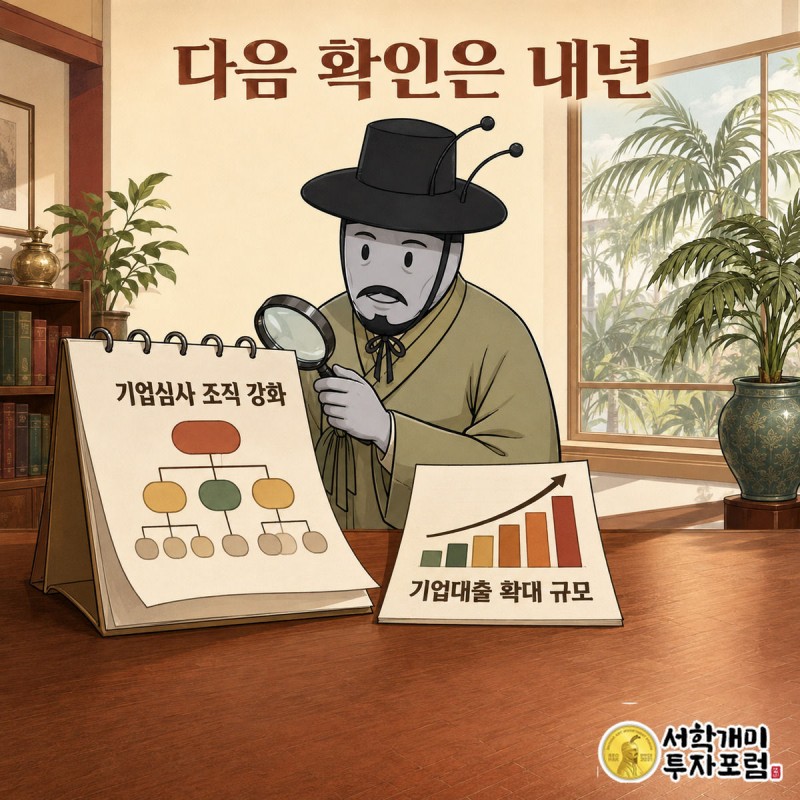 부자개미가 돋보기를 들고 내년 달력과 기업심사 조직도, 기업대출 그래프를 살펴보는 모습