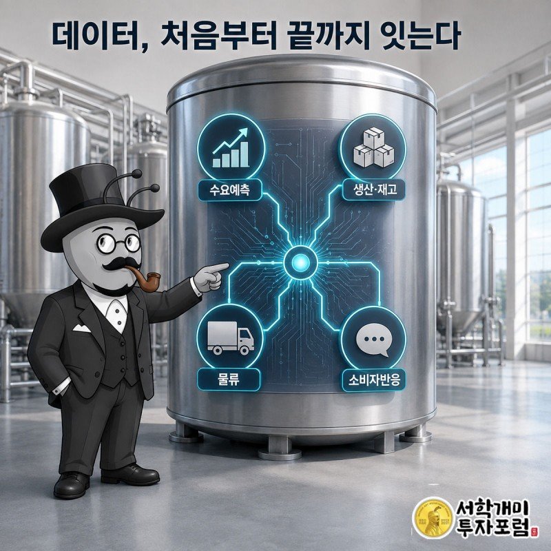 개미가 수요예측, 생산재고, 물류, 소비자반응 네 회로선이 하나로 모이는 원통형 회로판 중앙을 손으로 짚고 있다