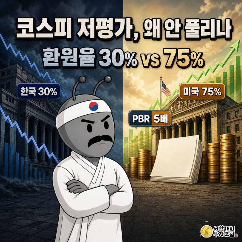 한국 증시의 낮은 주주환원율과 미국 증시의 높은 주주환원율을 좌우로 대비시켜 코스피 저평가의 원인을 보여주는 커버 이미지