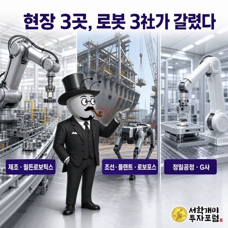 제조, 야외 조선, 정밀공정 세 현장에 각기 다른 로봇 파트너가 투입된 모습을 개미가 비교하는 그림