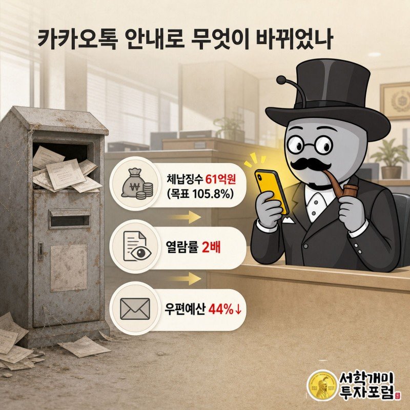 낡은 우편함의 종이 고지서와 밝은 카카오톡 알림을 확인하는 개미를 나란히 비교한 장면