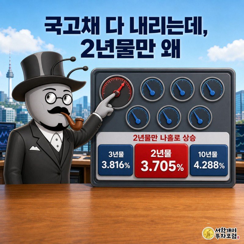 채권 대시보드 앞에서 개미가 나홀로 오른 2년물 게이지를 의심스러운 표정으로 가리키는 모습