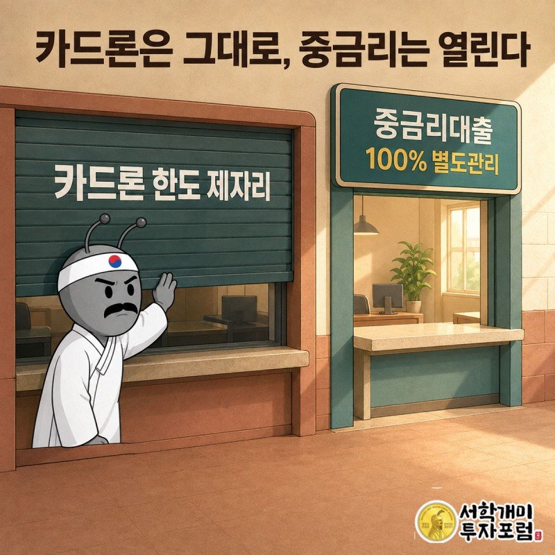 카드론 창구 셔터는 반쯤 내려가 있고 그 옆 중금리대출 창구만 환하게 열려 있는 모습