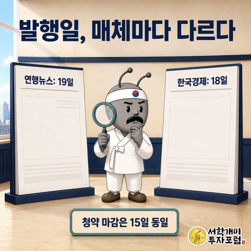 확대경으로 두 신문의 서로 다른 발행일 숫자를 비교하며 의심스러운 표정을 짓는 개미