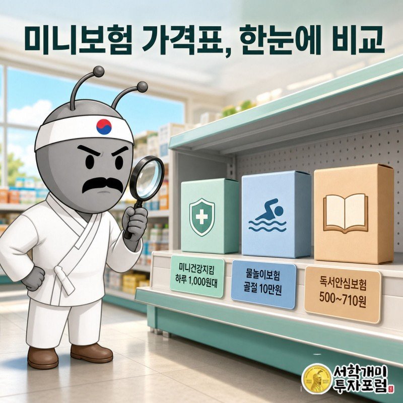 편의점 진열대처럼 늘어선 미니보험 가격표를 개미가 돋보기로 살펴보는 그림