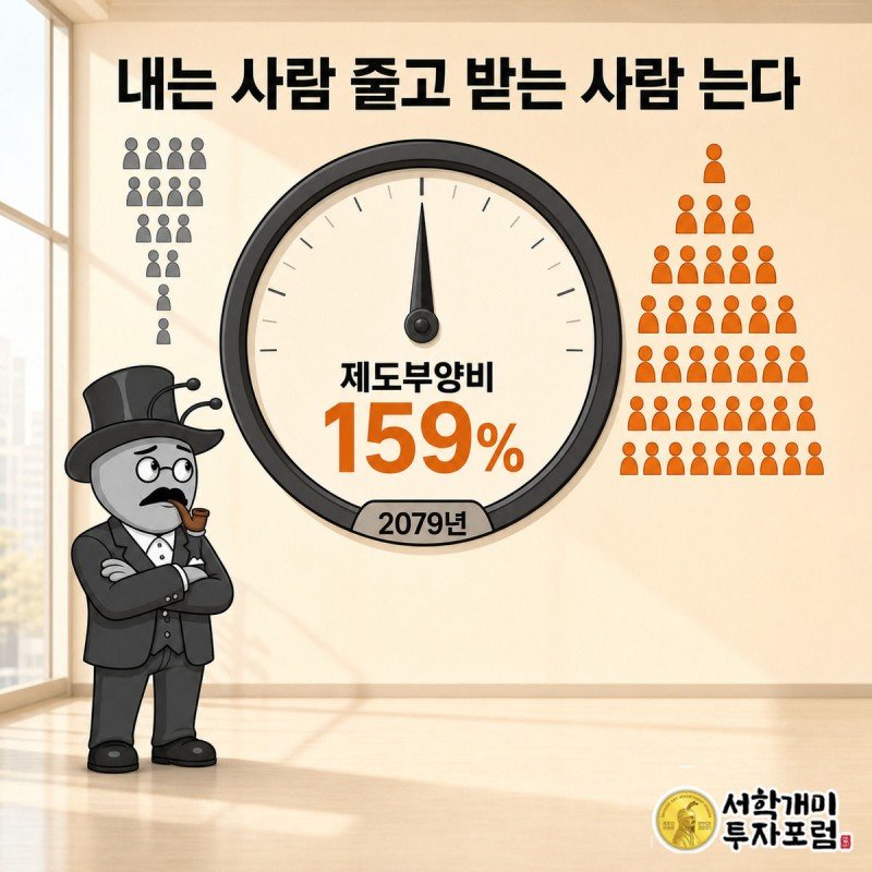 국민연금 가입자는 줄고 수급자는 늘어나 제도부양비가 159%까지 오르는 흐름을 인구 행렬과 눈금판으로 보여주는 인포그래픽
