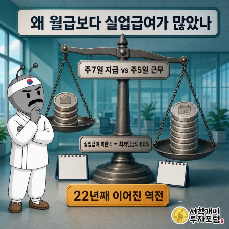 양팔저울에서 실업급여 동전 더미가 최저임금 월급 동전 더미보다 무거워 기울어진 모습