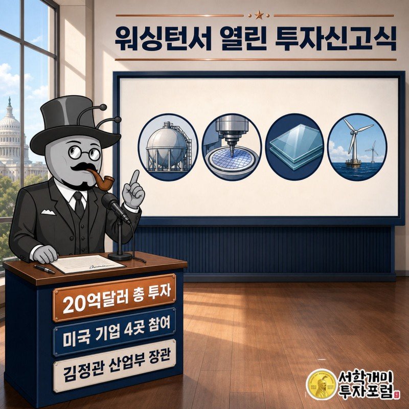 양반개미가 장관 역할로 워싱턴 투자신고식에서 발표하는 모습, 뒤로 4개 업종 아이콘이 떠 있다