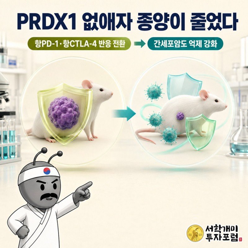 PRDX1이 있을 때 커진 종양과 없앴을 때 T세포에 둘러싸여 줄어든 종양을 좌우로 비교하는 삽화