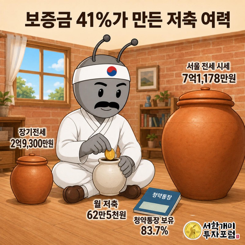작은 보증금 항아리와 큰 전세 시세 항아리 사이에서 개미가 동전을 저금통에 넣는 장면