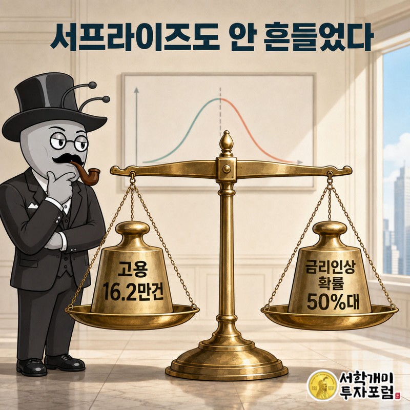 양반개미가 고용 16.2만건과 금리인상 확률 50%대가 평형을 이루는 저울을 의심스럽게 살피는 모습