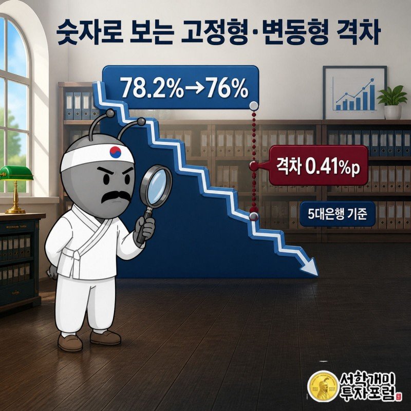 개미가 돋보기로 78.2%에서 76%까지 낮아진 고정형 비중 계단식 그래프를 살펴보는 모습