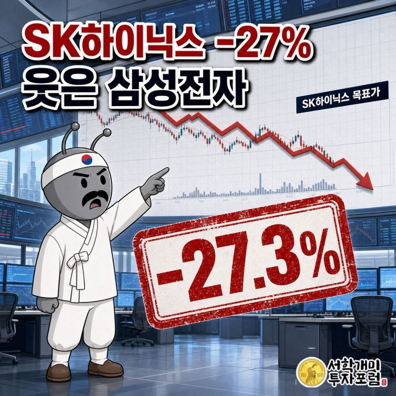 대형 스크린에 SK하이닉스 주가 급락 차트와 -27.3% 스탬프가 떠 있고 개미 캐릭터가 놀란 표정으로 이를 가리키는 장면