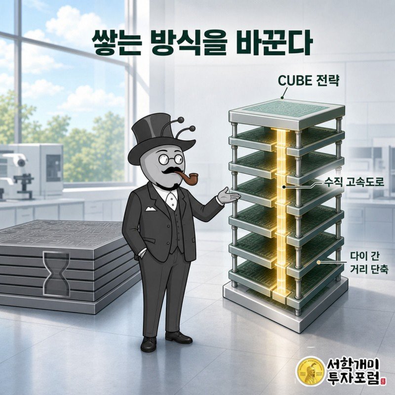 개미가 납작한 기존 칩 구조와 삼성의 수직 CUBE 구조를 비교하며 CUBE 쪽을 가리킨다