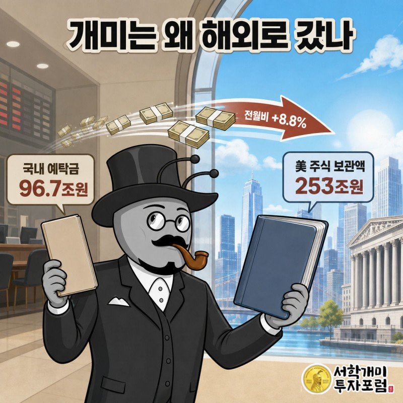 개미가 왼쪽에서는 얇아진 국내 예탁금 통장을, 오른쪽에서는 두꺼워진 해외주식 통장을 들고 있고 가운데 화살표로 자금 이동을 나타낸 그림