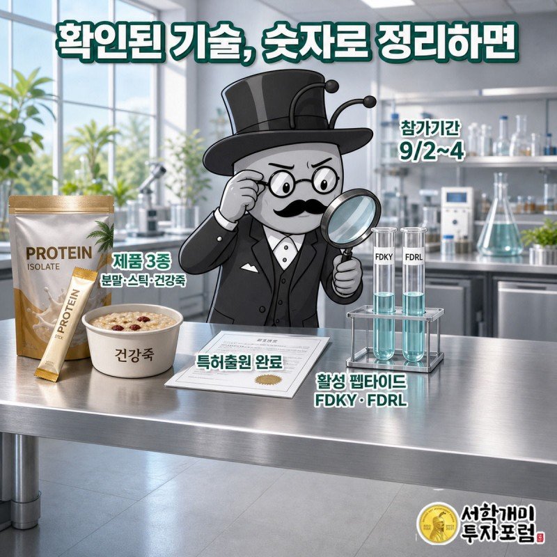 부자개미가 실험대 위 고소애 제품과 활성 펩타이드 시험관, 특허 서류를 돋보기로 살펴보는 모습
