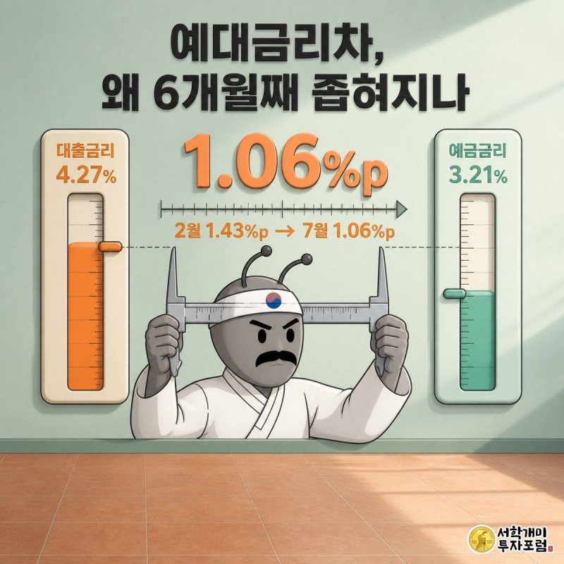 개미가 캘리퍼스로 대출금리 막대와 예금금리 막대 사이 간격을 재며 6개월간 예대금리차가 1.43%p에서 1.06%p로 좁아진 것을 보여주는 그림