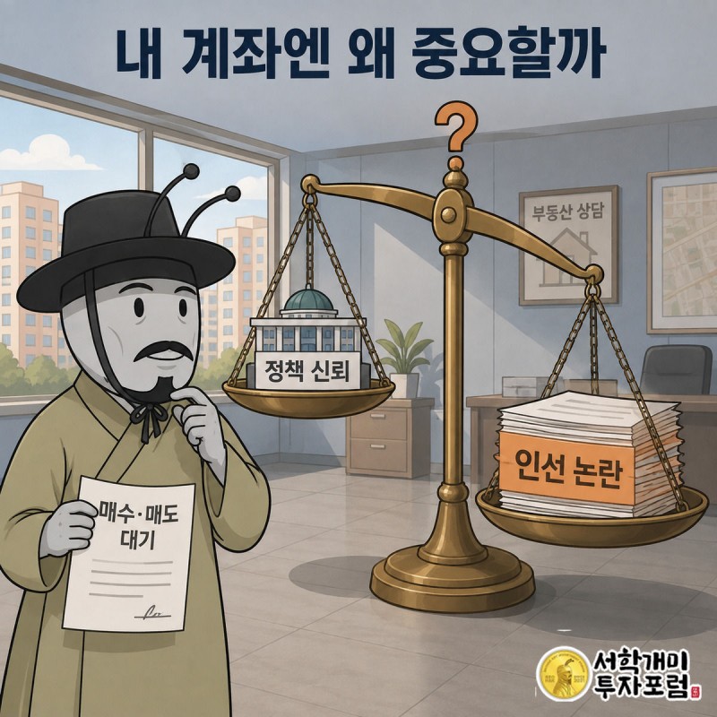 서민개미가 계약서를 든 채 정책 신뢰와 인선 논란이 기운 저울을 바라보며 망설인다