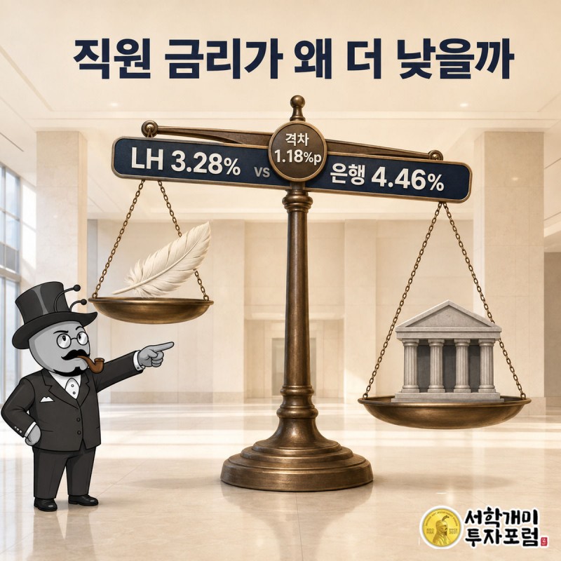 저울 위에서 LH 금리 3.28% 팻말은 가볍게 뜨고 은행 평균 4.46% 팻말은 무겁게 가라앉은 모습을 서민개미가 가리키는 그림