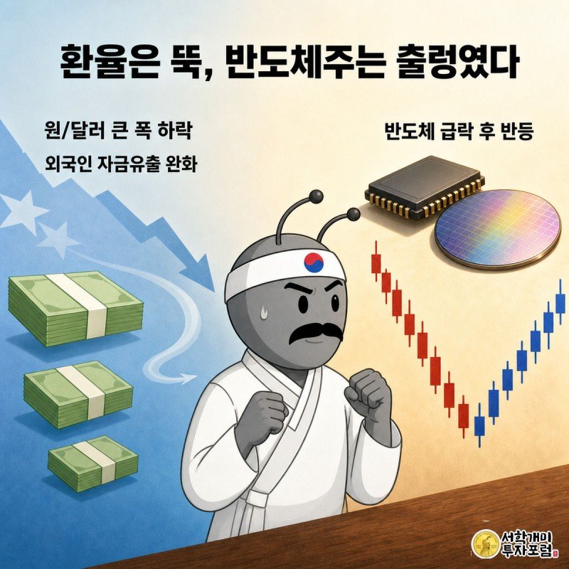 개미가 하락하는 원달러 환율판과 급락 후 반등한 반도체 주가판 사이에 선 그림