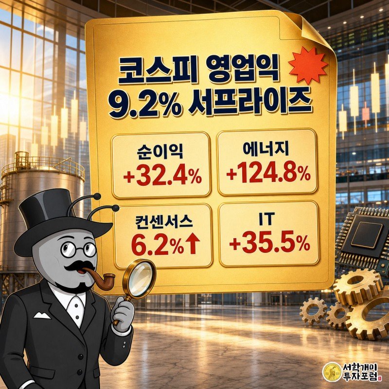 황금빛 실적 성적표에 붉은 서프라이즈 도장이 찍혀 있고 개미가 확대경으로 놀라며 확인하는 코스피 2분기 실적 발표 장면