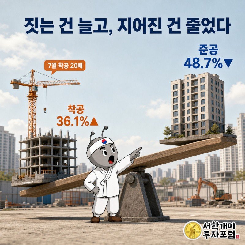 착공은 늘고 준공은 줄어든 서울 아파트 공급을 시소 구도로 비교한 인포그래픽