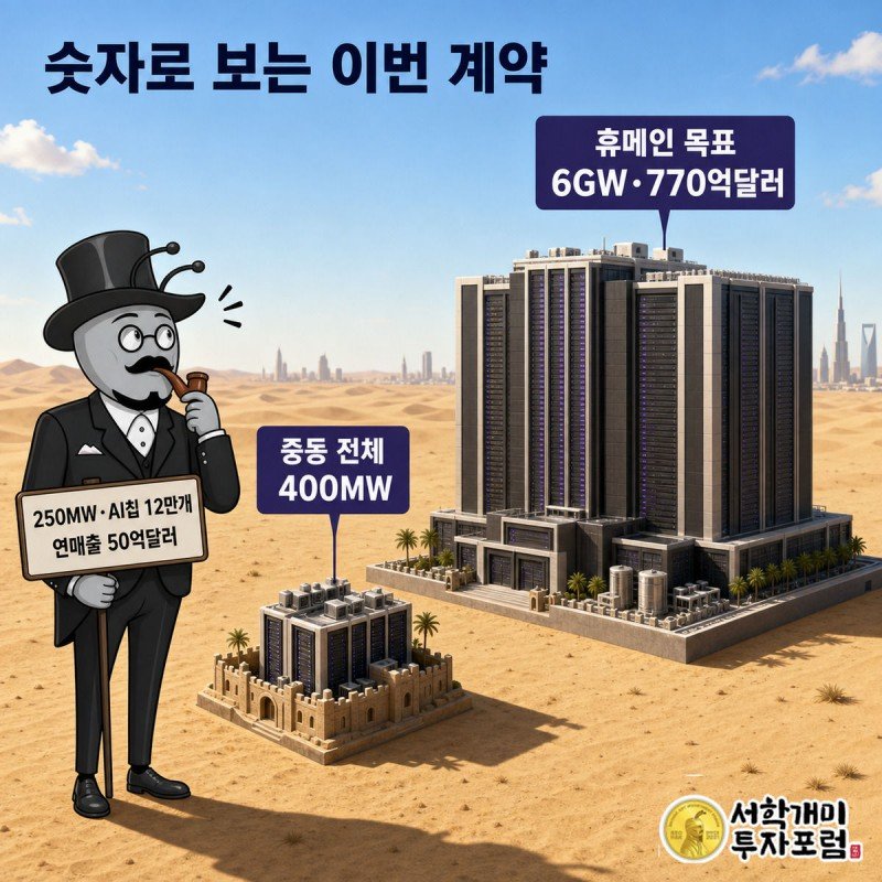 사막 위에 놓인 작은 데이터센터 모형과 훨씬 큰 데이터센터 단지 모형이 나란히 있고, 그 앞에 개미가 이번 계약 수치가 적힌 팻말을 들고 놀란 표정을 짓고 있다.
