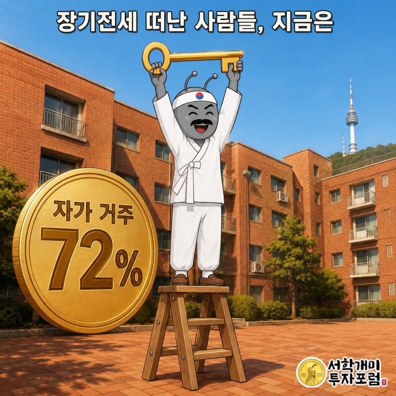황금 열쇠를 든 개미가 사다리 꼭대기에서 활짝 웃으며 자가 거주 72% 수치를 보여주는 장면