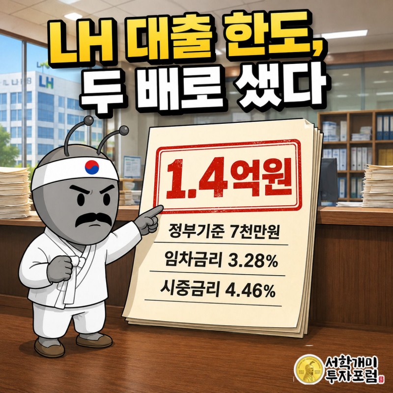 부자개미가 1억4천만원 도장이 찍힌 LH 대출 서류를 들고 흡족한 미소를 짓고 있다