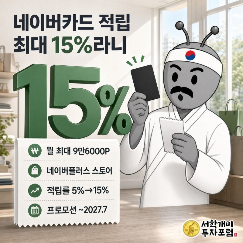 네이버 현대카드 결제 시 조건에 따라 적립률이 5%에서 15%까지 크게 갈리는 모습을 대각선 비교로 보여주는 그림