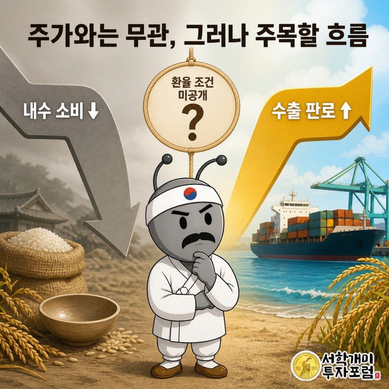 국내 쌀 소비 하락 화살표와 일본 수출 상승 화살표를 대비시키고 그 사이에 물음표 환율 배지를 그린 그림