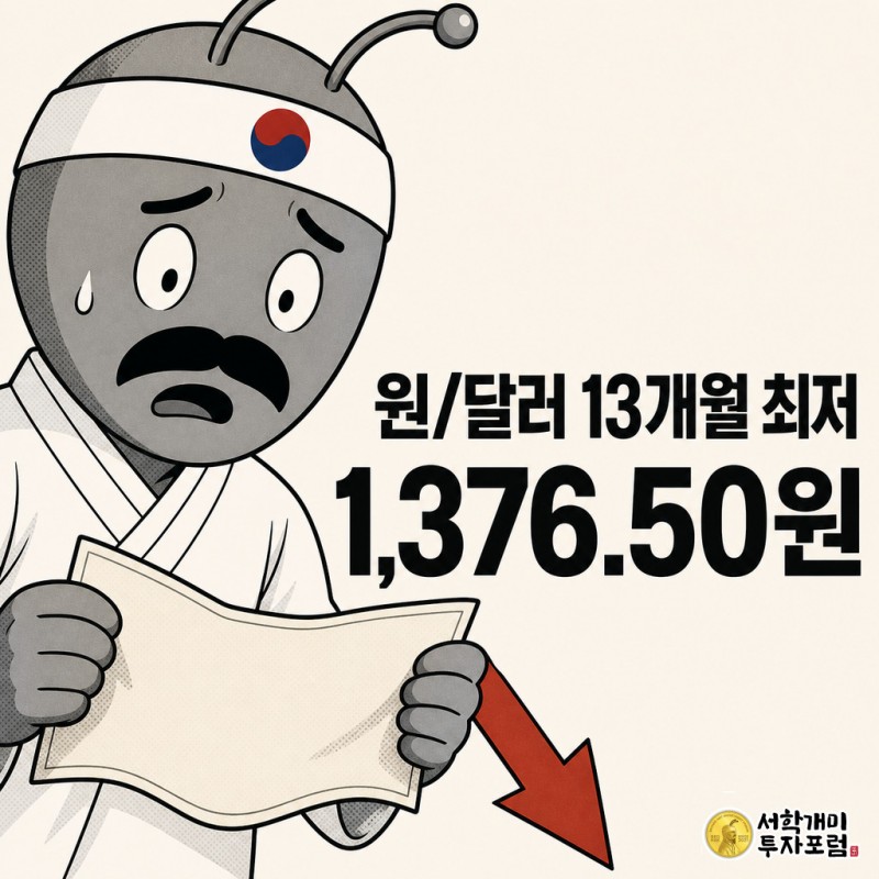 충격받은 표정의 개미 캐릭터가 아래로 축 처진 대형 달러 지폐를 붙잡고 있고, 화면 중앙에 