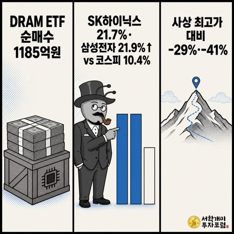 DRAM ETF 순매수가 반도체 주가 상승으로 이어졌지만 여전히 사상 최고가에는 못 미친다는 사실을 3컷으로 보여주는 팝아트 코믹 이미지
