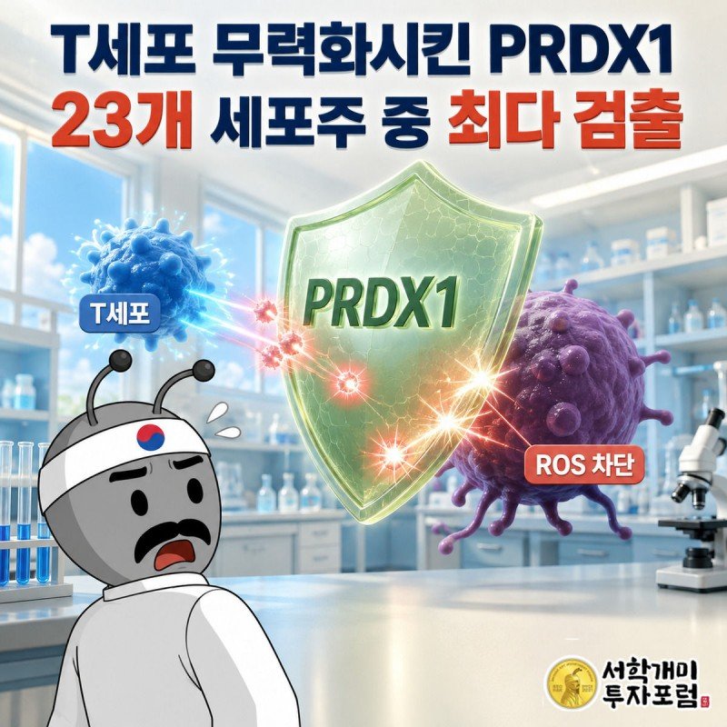 암세포가 뿜어낸 황록색 PRDX1 방패에 T세포의 공격 스파크가 막히는 장면을 부자개미가 놀란 표정으로 바라보는 삽화