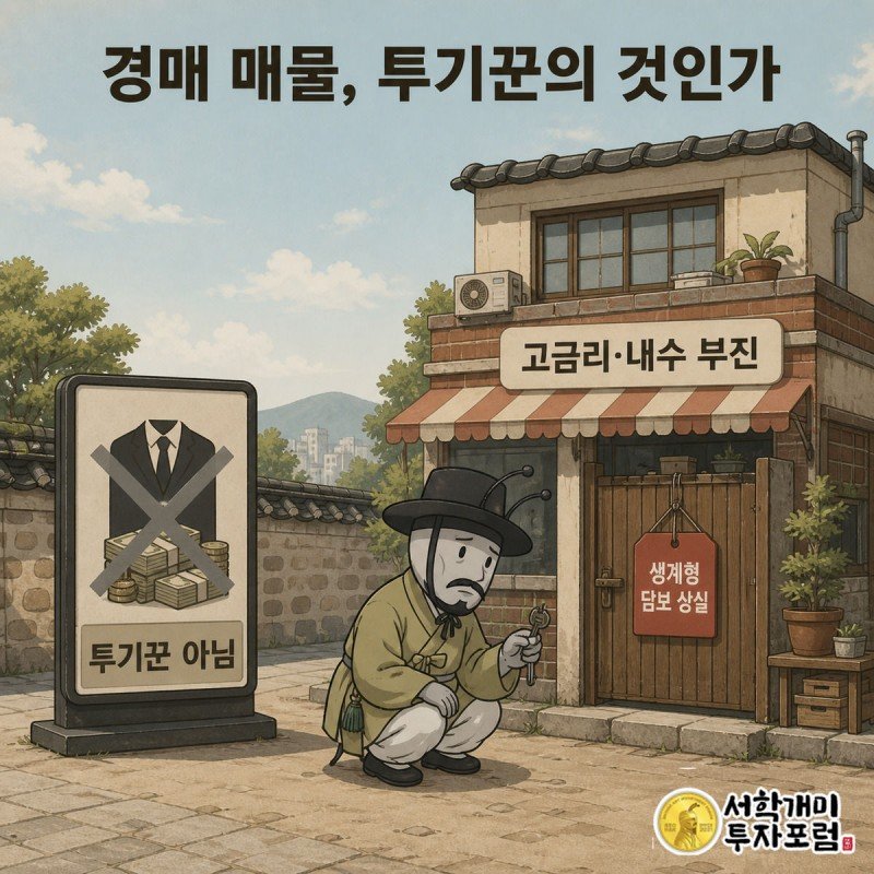 투기꾼 팻말에는 X표가, 생계형 자영업자 집 대문에는 담보 딱지가 붙은 모습을 개미가 낙담한 표정으로 바라보는 장면