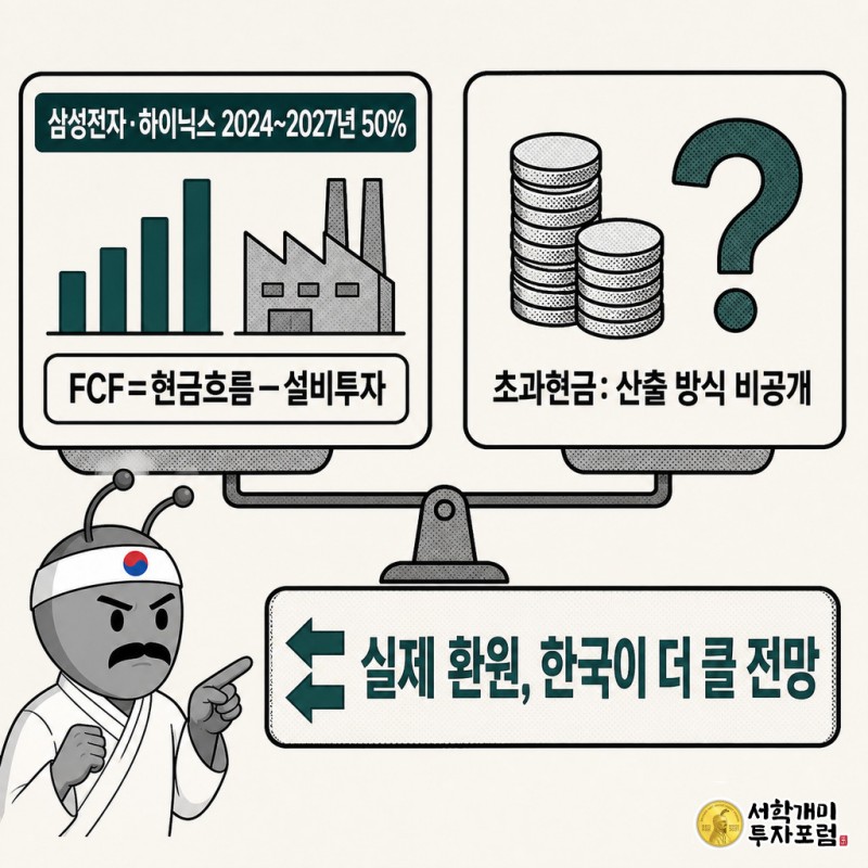 FCF 계산식이 명확한 삼성전자·SK하이닉스 카드와 산출 방식이 비공개인 샌디스크·마이크론 카드를 저울로 비교하고, 실제 환원 규모는 한국 기업이 더 클 것이라는 화살표 결론을 보여주는 코믹 정보 패널