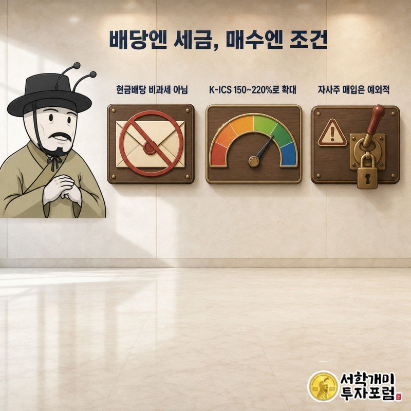 왼쪽 개미는 세금이 붙는 배당 봉투를, 오른쪽 개미는 예외적인 자사주 매입 팻말을 바라보며 비교하는 그림