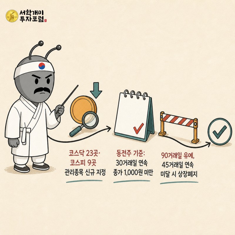 동학개미 기자가 관리종목 지정과 동전주 기준, 유예기간 및 상장폐지 조건을 하나의 흐름으로 설명하는 이미지