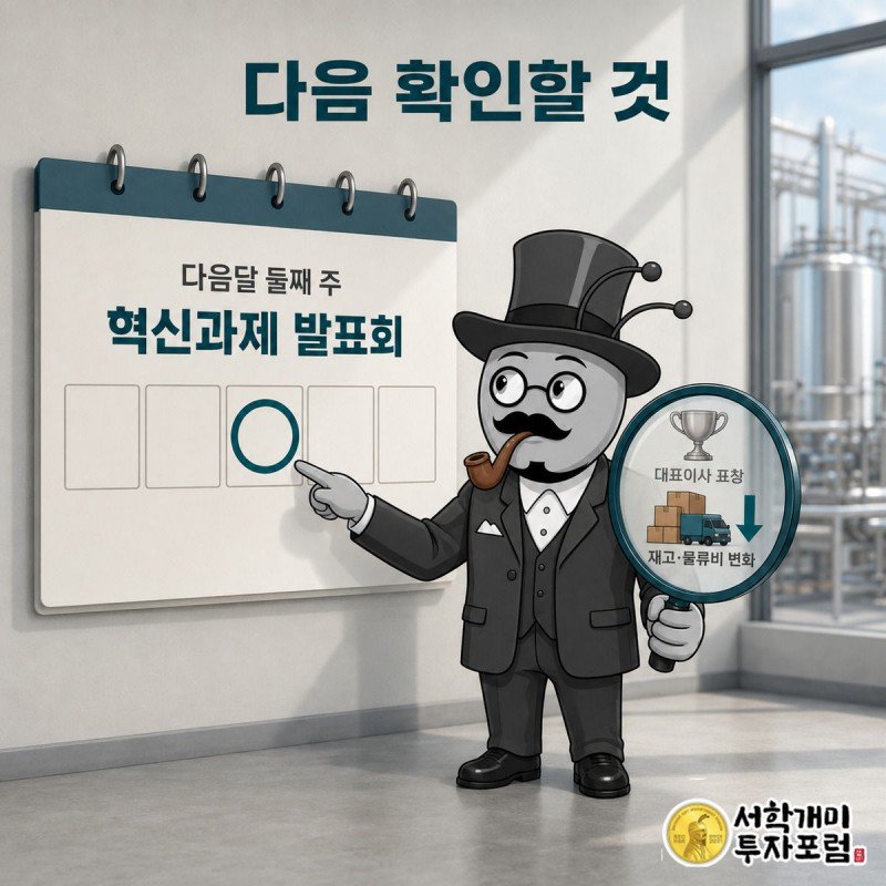 개미가 확대경으로 달력의 다음달 둘째 주에 그려진 동그라미를 들여다보며 기대와 신중함이 섞인 표정을 짓고 있다