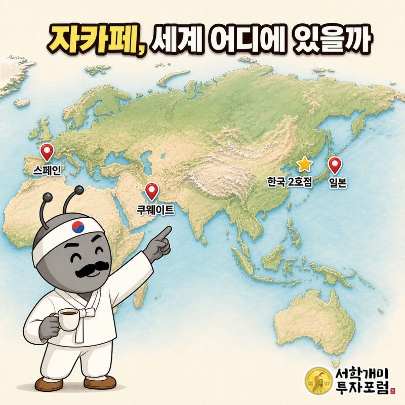 세계지도에서 자카페가 있는 스페인·한국·일본·쿠웨이트를 표시하고 한국을 가리키는 개미 그림