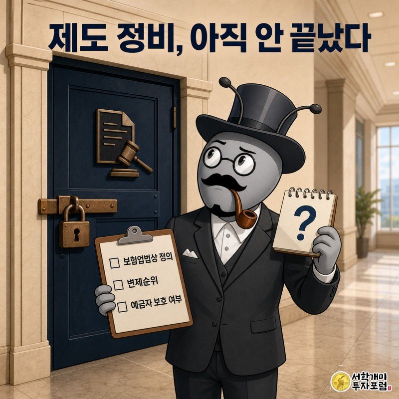 개미가 잠긴 보험업법 문 앞에서 빈 체크리스트와 물음표 달력을 들고 서 있는 모습